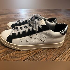P448 John Low Top Sneaker White Black Leopard Heel Sz 39 EUC